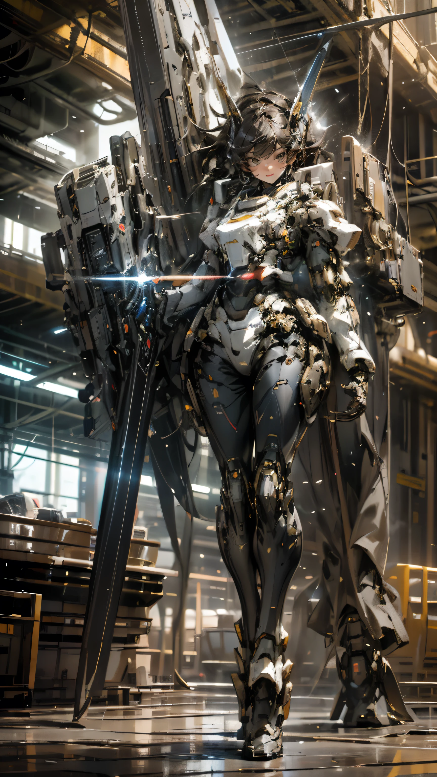 Chiaroscuro, close up, light, Ray Tracing, Ultra HD, masterpiece, High Detail, high resolution，Full body portrait of mecha woman，Robot，Huge lightsaber，assault，Stunning graphics，impact