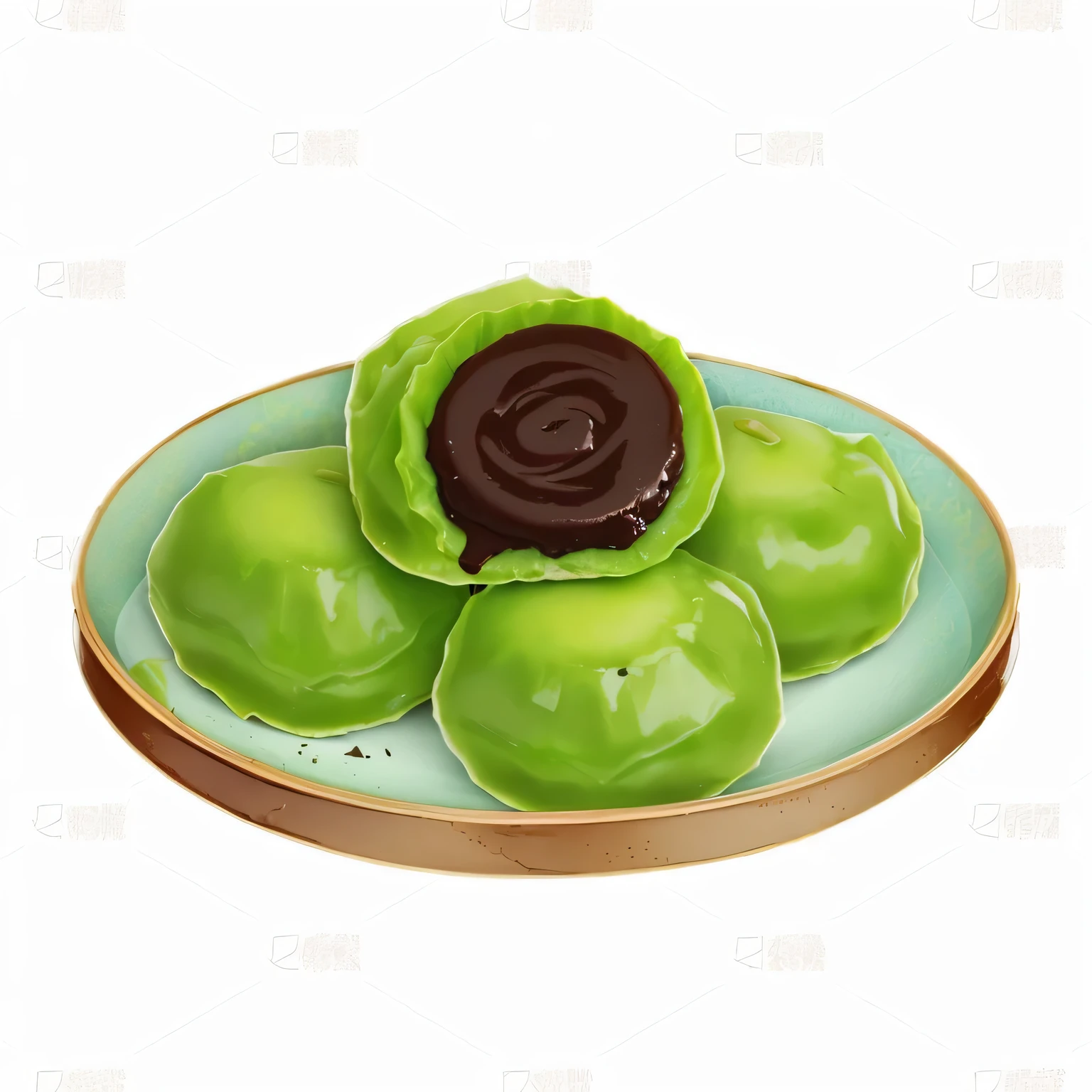 There is a plate of green dumplings with chocolate in the middle.