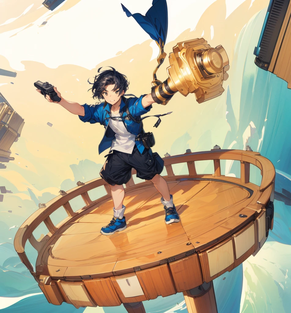 A man stands on a platform with a camera,male,whole body, Cover Illustration, Digital Illustration,Best picture quality,Lens perspective,Exquisite facial features