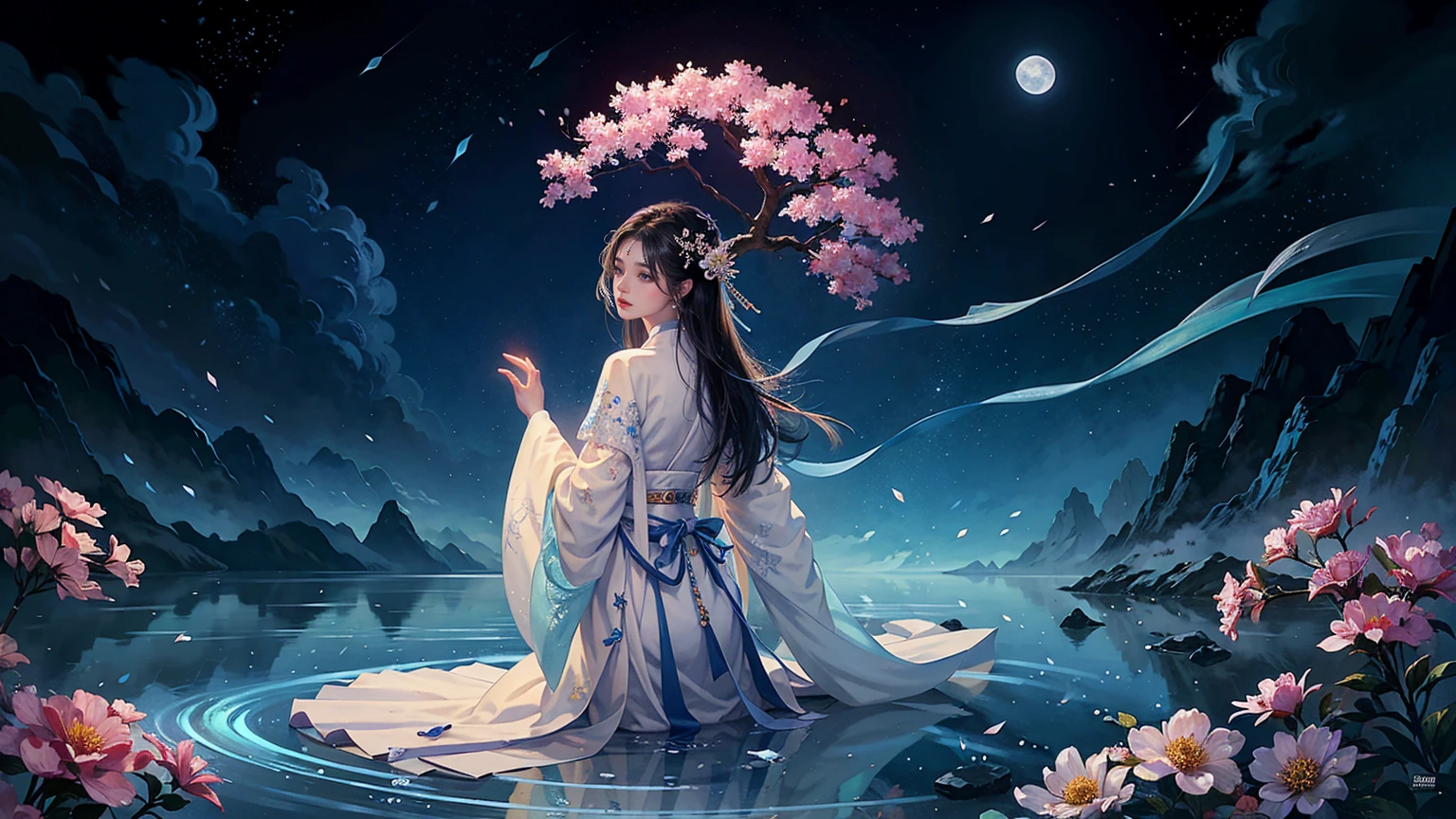 Official Art, Unity 8K wallpaper, Extremely detailed, beautiful and aesthetic, masterpiece, best quality, For the world,You may be alone,But for someone,You could be the whole world, paradox, Adrian Genius, Jenny Savile, Edward Hope, Surrealism, The Dark Arts of James Jean, Takato Yamamoto, 墨water朋克极简主义, fashion magazine, Editorial Photography, gufeng, moon, Tree, Solitary, water, flower, Branches, night, Black Hair, Back to, shawl, full moon, (1 Korean girl,Sexy facial features), in Tree, Long hair, Sky, sit, Chinese clothes, Hanfu, crescent moon, permanent, outdoor,