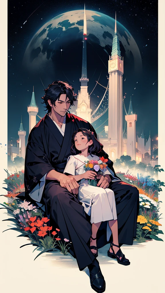 A mountain of flowers, it is a night sky, a beautiful couple is sitting, a couple is wearing short clothes, moody color contrast, Anime look 