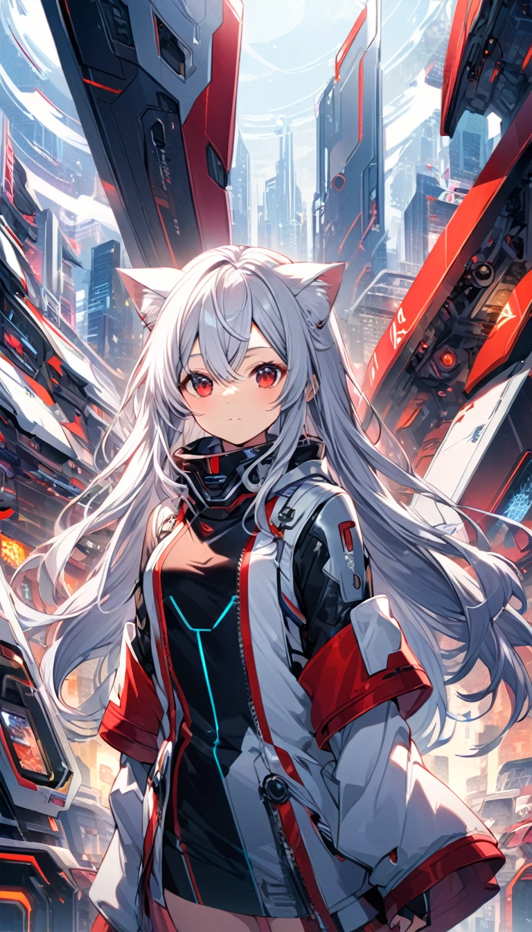 Chico, Silver Hair, Red Eyes, Cat ear, Futuristic Background,Long hair