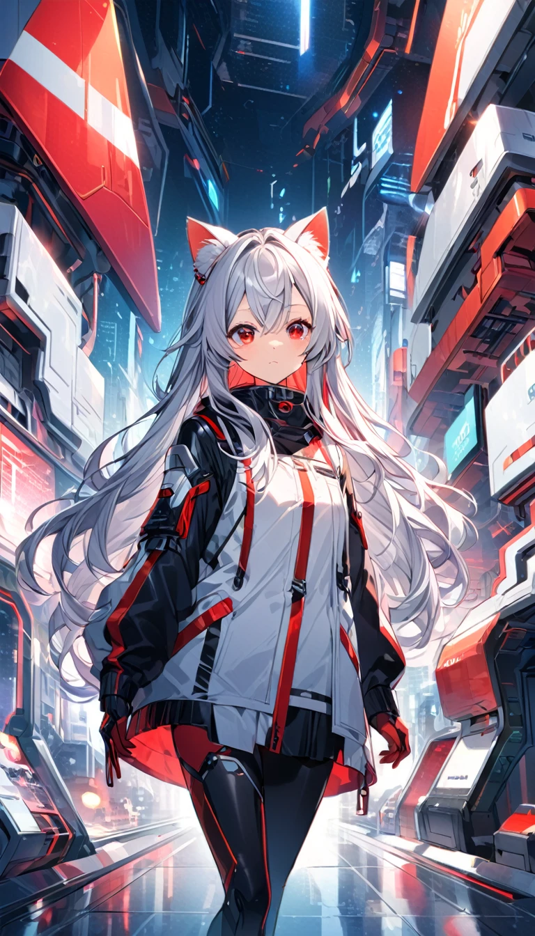 Chico, Silver Hair, Red Eyes, Cat ear, Futuristic Background,Long hair