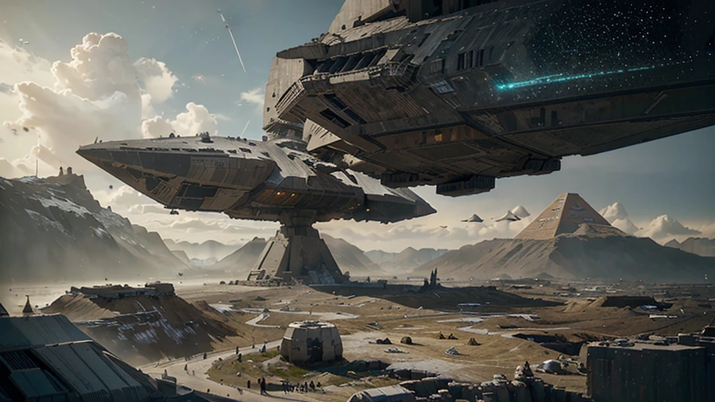 a close up of a star destroyer flying over the earth, concept art by Martin Deschambault, trending on cgsociety, space art, destiny concept art, bastien grivet, edge of interstellar space, destiny art, sci fi artwork, epic megastructure, ancient megastructure pyramid, sci-fi digital art, neofuturistic highly detailed