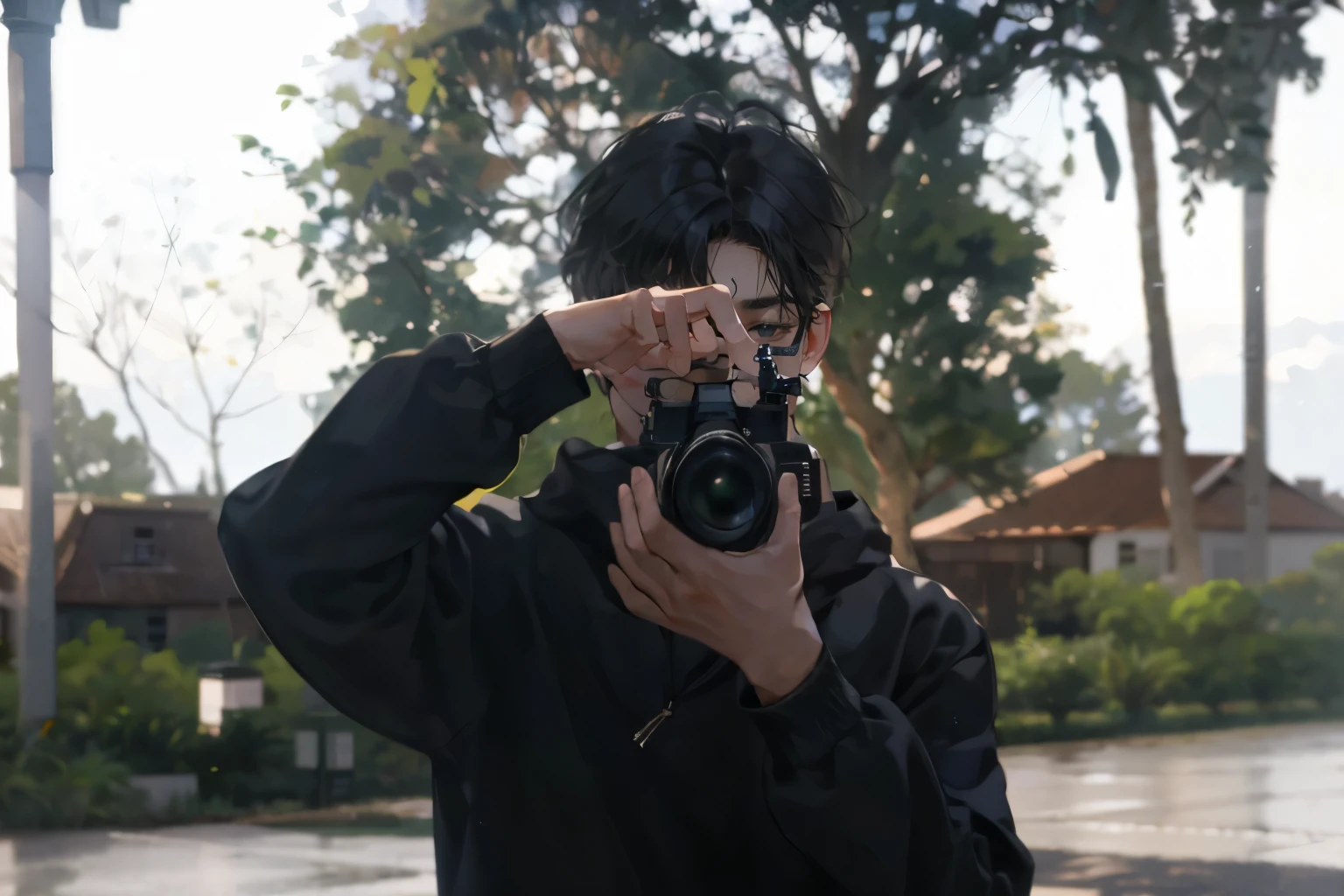 A young person wearing a black hoodie holds a camera up to their face, preparing to take a photograph. In the background, greenery and a blurred landscape of buildings and trees are visible, indicating an outdoor setting with natural light.