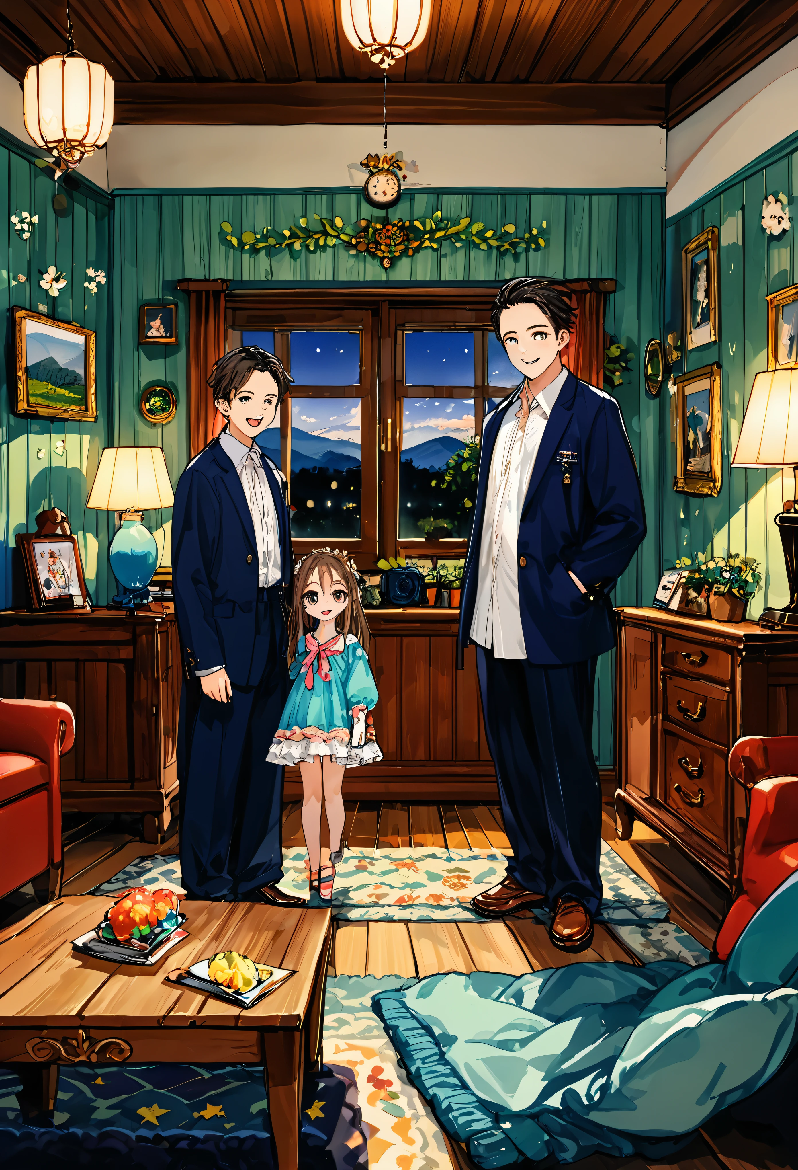 cover page, anime key visual, highres, top quality, best quality, paid reward available, High-quality illustrations, unparalleled masterpiece, perfect artwork, absurdres(home video, 1girl, husband of wolf)family, in house, in room, smile, happy, perfect anatomy, fan-created work shared on platforms Pixiv or Twitter, cinematic lighting,