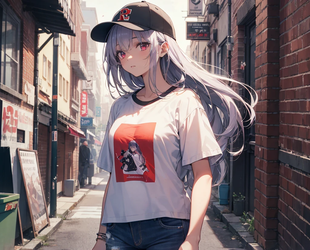 (Close-up:1.3),Realistic,Highest quality, Super detailed, High-quality CG rendering, The most delicate and beautiful, Floating softly, High resolution, (1 girl), (Highest quality,4K,8k,masterpiece:1.2), Light purple hair,(Long Hair:1.5),Red eyes,(Pure white oversized short sleeve T-shirt:1.3),(Black skinny jeans:1.3),(Pure white baseball cap:1.3),In the city,old buildings,Narrow back alley