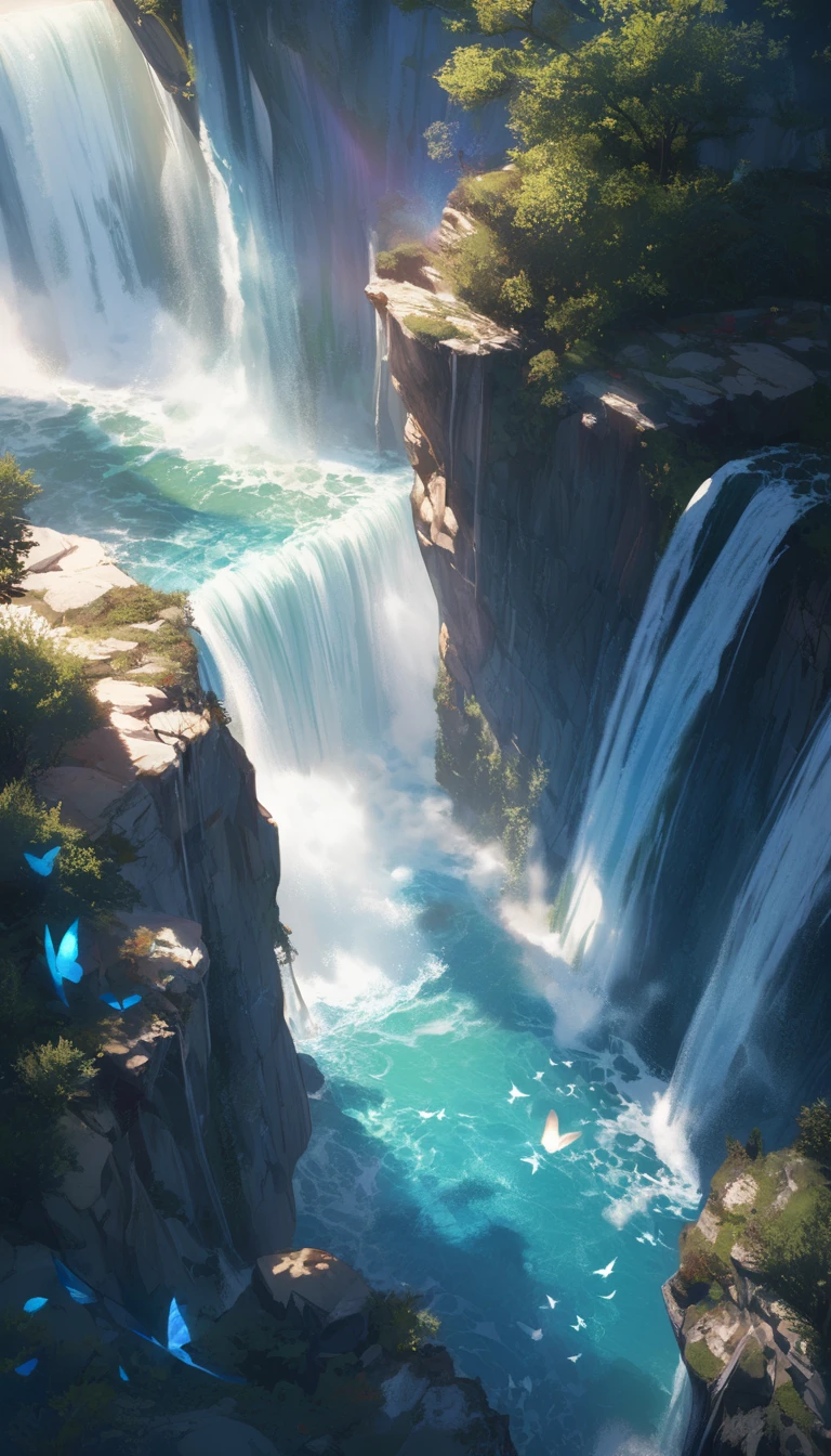 quality\(8k,非常に精細なCGユニットのwallpaper, masterpiece,High resolution,top-quality,top-quality real texture skin,Surreal,Increase the resolution,RAW Photos,最高quality,Very detailed,wallpaper,Cinema Lighting,Ray-tracing,Golden Ratio\), break ,island\((island:1.5),mysterious,beautiful birds , beautiful butterflies, beautiful sunlight shines through the trees, Remains\(mysterious, beautiful, Cosmic, Futuristic\), (Surrounded by the sea),(Surrounded by waterfalls:1.8)\), Very clean sea\(Crystal Clear, I can see fish, You can see the coral reef\)hologram\(In the sky,beautiful goddess\(transparent, Very large,Upper Body, chest, Wicked Smile\)\),(aerial photograph:1.7),(From above:1.5),Bird's Eye View,Vast landscape,Panorama