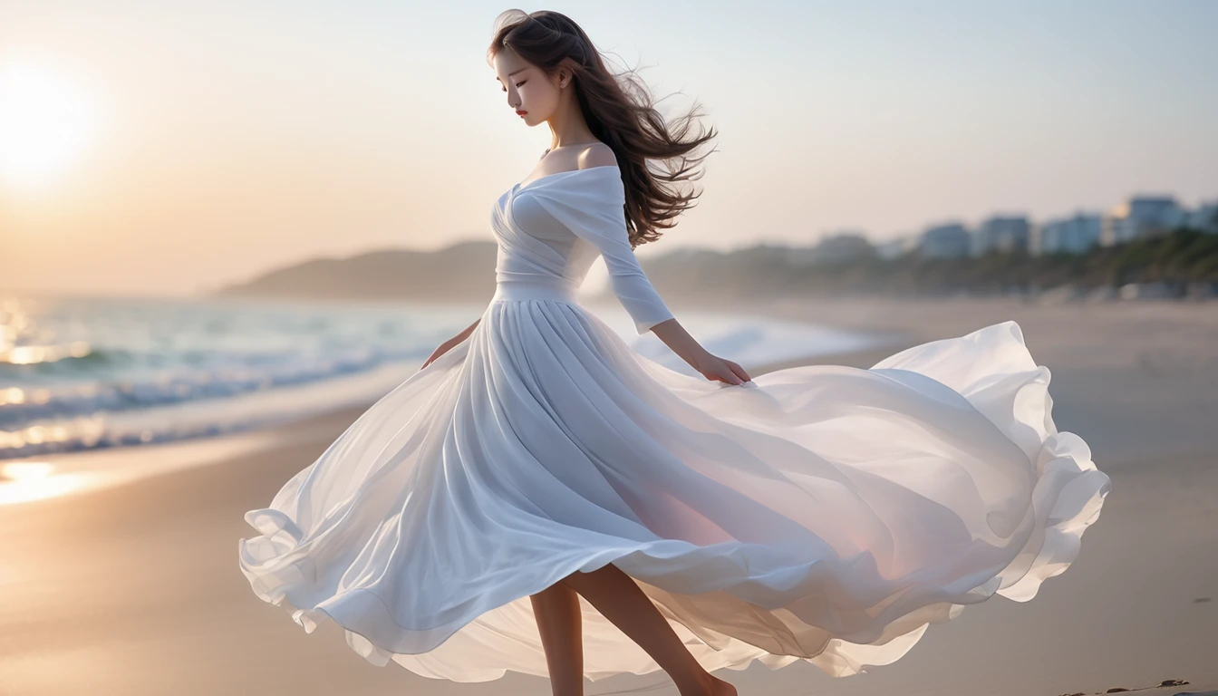 身着elegant粉色中式裙子的舞蹈生，1. ***********, Fast spin on the beach at sunset, Shooting with a slow shutter speed，Show the smooth movement of the skirt.Conservative style，Smudged skirt hem；Dancing moves；elegant，Flexible skirt；Long hair shawl。Full body view，front； Simple style；Minimalism。White background，Pure white background；Panoramic photography；Depth of Field, Extraordinary details, masterpiece, high quality, 4K，cinematic lighting, motion blur, depth of field, sparkle, ray tracing, reflection light, anatomically correct, uhd, textured skin, best quality, super detail, highres, high details, accurate, high quality, award winning。