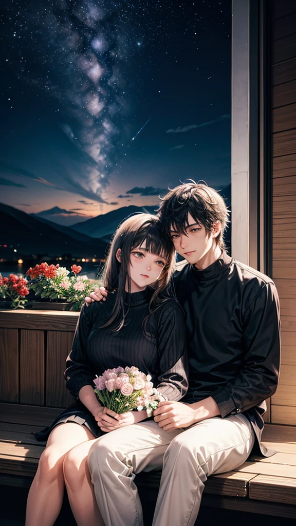 A mountain of flowers, it is a night sky, a beautiful couple is sitting, a couple is wearing short clothes, moody color contrast, Anime look