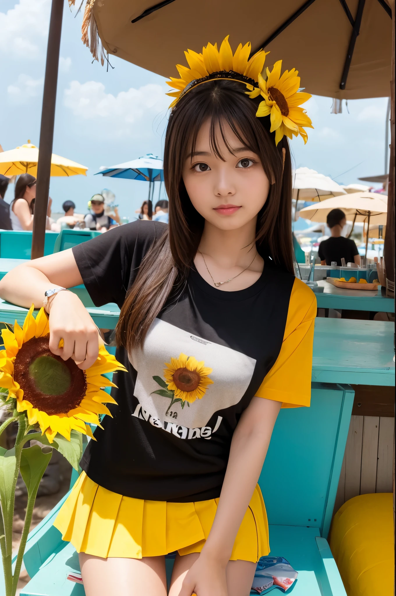 20 years old girl (Japanese cute face) is wearing T-shirt, mini skirt and has sunflower at the beach bar