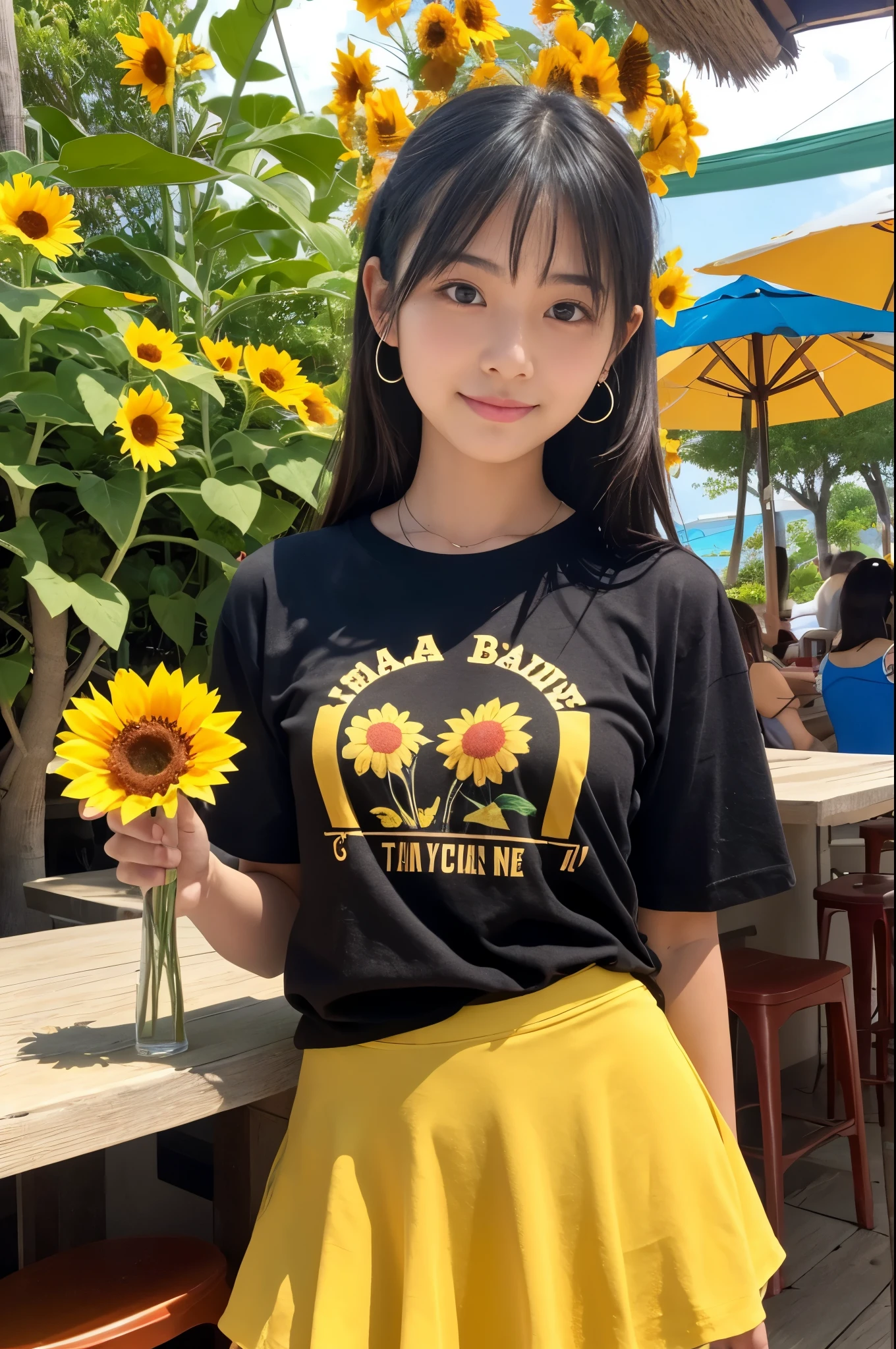 20 years old girl (Japanese cute face) is wearing T-shirt, mini skirt and has sunflower at the beach bar