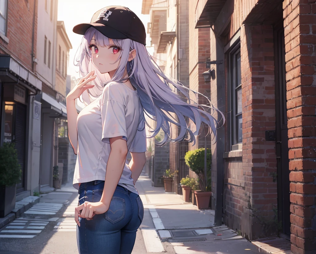(Close-up:1.3),Realistic,Highest quality, Super detailed, High-quality CG rendering, The most delicate and beautiful, Floating softly, High resolution, (1 girl), (Highest quality,4K,8k,masterpiece:1.2), Light purple hair,(Long Hair:1.5),Red eyes,(Pure white oversized short sleeve T-shirt:1.3),(Black skinny jeans:1.3),(Pure white baseball cap:1.3),In the city,old buildings,Narrow back alley