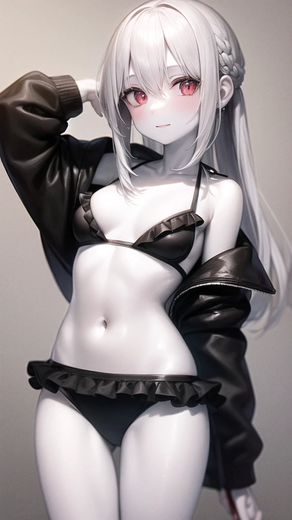 (master piece:1.2),(best quality:1.2),8k,
BREAK 1girl,(ultra detailed white skin:1.8),(shiny skin:1.2),(ultra detailed silver hair:1.3),(ultra detailed red eyes:1.3),
BREAK (albino:1.15),(bishoujo),(cute),
BREAK (straight hair:1.2),(long hair),hair between eyes,french braid,(small breast:1.3),(blush:1.3),light smile,
BREAK (black frill bikini:1.4),
BREAK (pov:1.2),(standing:1.3),(hand on own hair:1.4),cowboy shot,from front,looking at viewer,
BREAK (beach:1.3),(ocean),