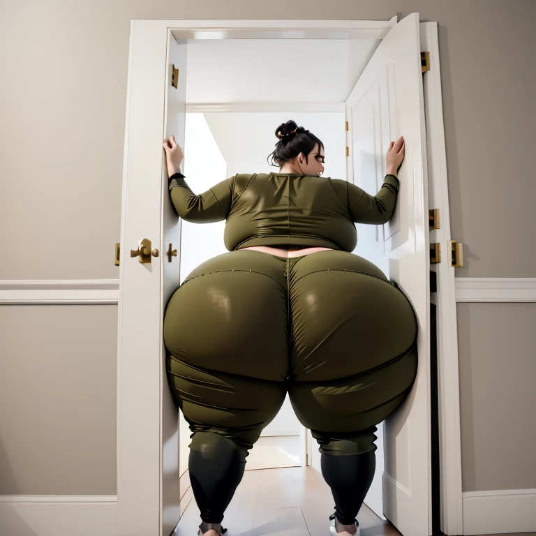 masterpiece, 1girl behind a doorway, from behind, (doorstuck, stuckback:1.3), ssbbw ,huge wide hips, round belly, thick thighs, giant butt,colorful clothing, wearing a olive green pirate suit with pants, upset, desperately trying to wiggle through, she tries to free herself but she won't budge, she is stuck tight view from above, she is too wide, the doorway is quite narrow too, she kicks her legs furiously, trying to wiggle her hips through the small door, but its no good, the door is too small, she keeps trying to squeeze through with frustration, she is stuck too tight