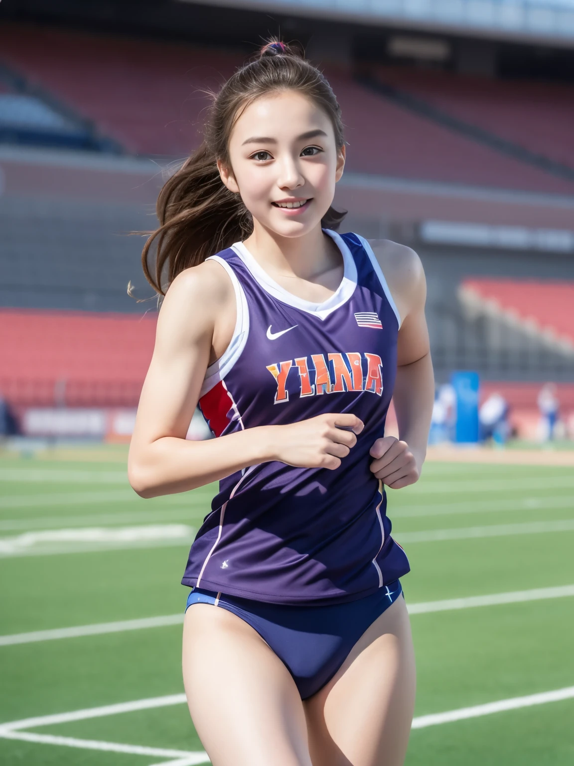 Highly detailed CG Unity 8k wallpaper、Highest quality、Ultra-detailed、masterpiece、Realistic、Photo realistic、A cute girl drawn in great detail、18-year-old、Track and field athlete costumes、Panty Focus、blush、Lips parted、Semi Body Shot、Athletics Stadium