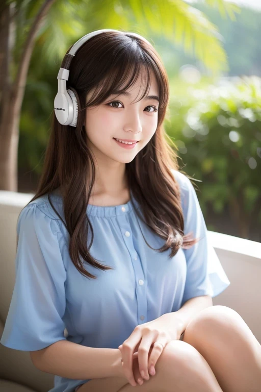 Produce the highest quality and highest resolution 8K images。Please draw the upper body of a 20 year old Japanese woman.。Please draw an image of someone relaxing while listening to music with headphones.。She has brown eyes and a model-like figure、She has an idol-level cute face.。The hair is wavy。Clothes、She is wearing a short-sleeved blouse。The skin is、It is a natural skin color。she、Looking at you with a smile。