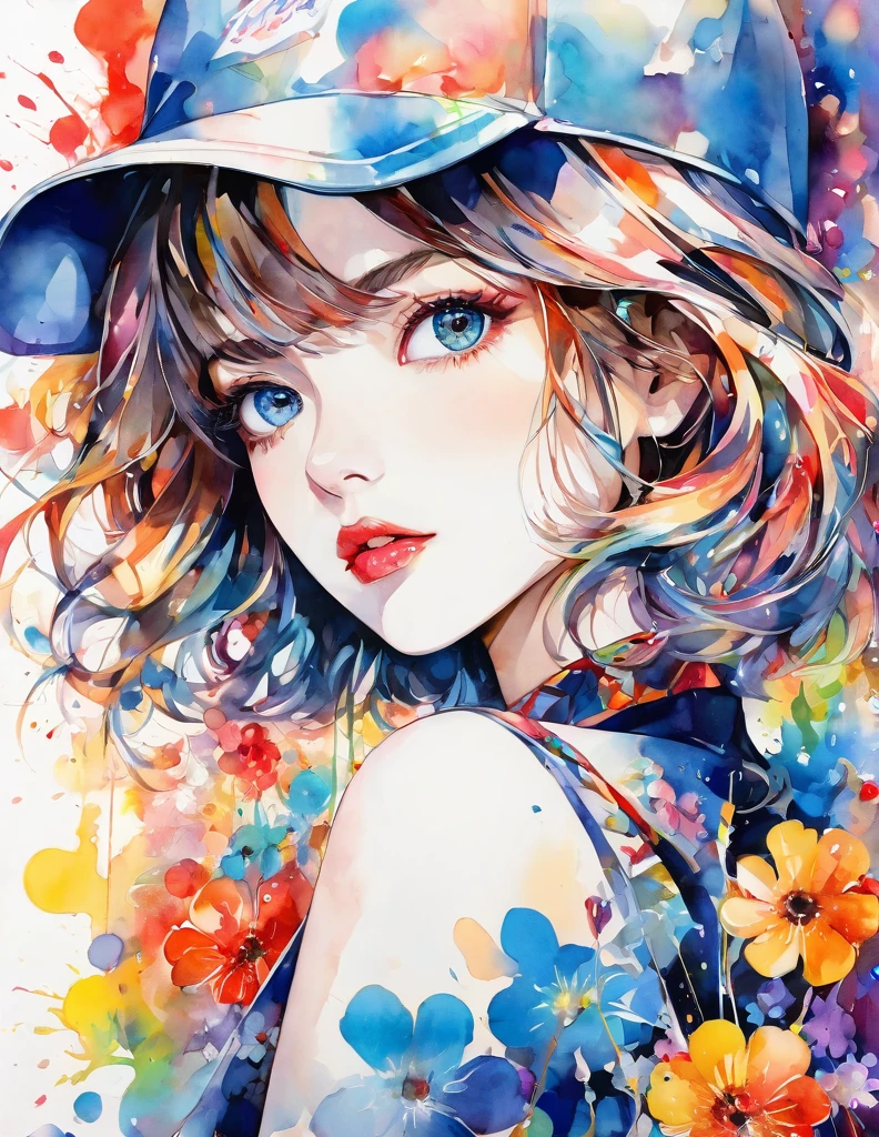 beautiful woman portrait, Sylvia Pelissero watercolors, colorful flowers、beautiful eyes、 abstract art, intense watercolor, watercolor detailed art, watercolor splash, surreal, avant-garde pop art, Beautiful and expressive paintings, Beautiful artwork illustration, very colorful tones, wonderful, cool beauty, highest quality,official art, women only, sharp outline, best shot, vector art, lips in love、 (((The strongest beautiful girl of all time))), (((Japanese)))、Idol、clear, Fashionable hats, (((highest quality))), bob hair, lips in love, HDR, ((Detailed details)), stylish fashion, detailed clothing texture, (((graffiti art))), colorful hair, ((masterpiece))、((Super detailed))