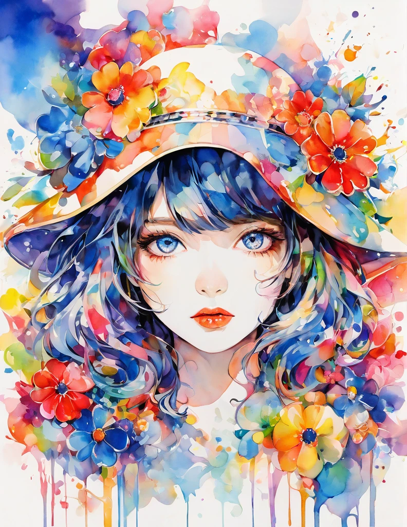 beautiful woman portrait, Sylvia Pelissero watercolors, colorful flowers、beautiful eyes、 abstract art, intense watercolor, watercolor detailed art, watercolor splash, surreal, avant-garde pop art, Beautiful and expressive paintings, Beautiful artwork illustration, very colorful tones, wonderful, cool beauty, highest quality,official art, women only, sharp outline, best shot, vector art, lips in love、 (((The strongest beautiful girl of all time))), (((Japanese)))、Idol、clear, Fashionable hats, (((highest quality))), bob hair, lips in love, HDR, ((Detailed details)), stylish fashion, detailed clothing texture, (((graffiti art))), colorful hair, ((masterpiece))、((Super detailed))