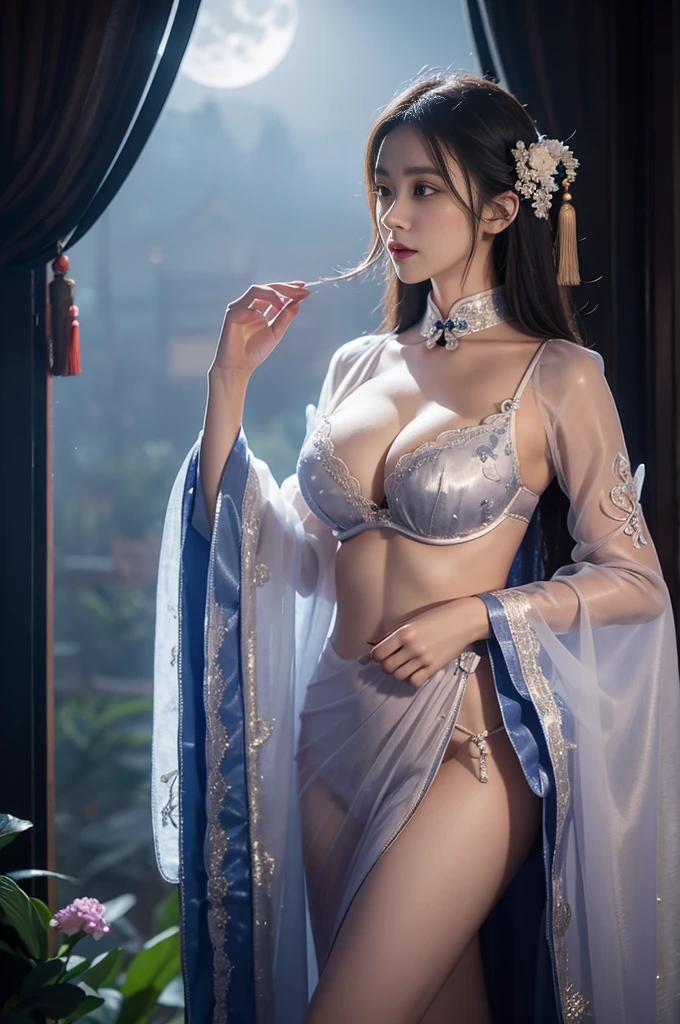 cyb dress, chinese clothes, detached collar, clothing cutout, wide sleeves, see-through sleeves, tassel in the depths of wonderland,1girl, ((Large Breasts)),((Visible cleavage)), ((E cup)) Moonlight falls like water,Foggy Room,The heroine's figure is vaguely visible,Like a fairy in a painting,Slender sexy legs,Very beautiful legs,美丽而又带着一丝mystery的色彩。Her face is beautiful and delicate,Showing extraordinary beauty。Twinkling Stars,Show the light of perseverance and wisdom。The bridge of the nose is straight,Cherry lip color,The slightly upturned corners of the mouth reveal confidence and calmness。Clearly defined face,Skin like jade,Reveal healthy glow,Just like fairies, Her makeup is light and delicate,No excessive embellishment,Show her temperament and charm。Light foundation highlights the translucence of the skin,A light eyebrow pencil outlines her perfect eyebrow shape,Eye makeup is eye shadow and eyeliner,Make her eyes brighter、Energetic。嘴唇涂上grace的口红,Add a touch of charm and sophistication。Clothes fluttering。Hair tied haphazardly behind the head,Secure with a jade hairpin,A few strands of hair fluttering gently in the wind,Add a touch of softness。Beautiful landscape,Attracted everyone's attention。Large Breasts美丽、grace、mystery、Full of power。