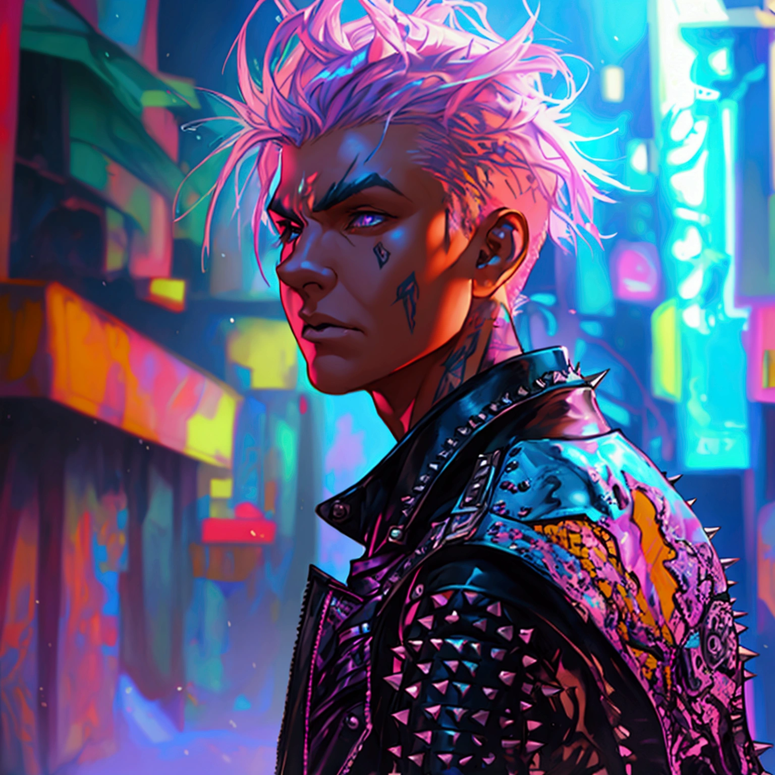 a young male with a pink and blue colored undercut, punk leather jacket with metal spikes, fingerless gloves, purple snakeskin pants, cowboy boots, detailed facial features, cinematic lighting, dramatic atmosphere, hyper-realistic, award-winning concept art, digital painting, 8k, HDR