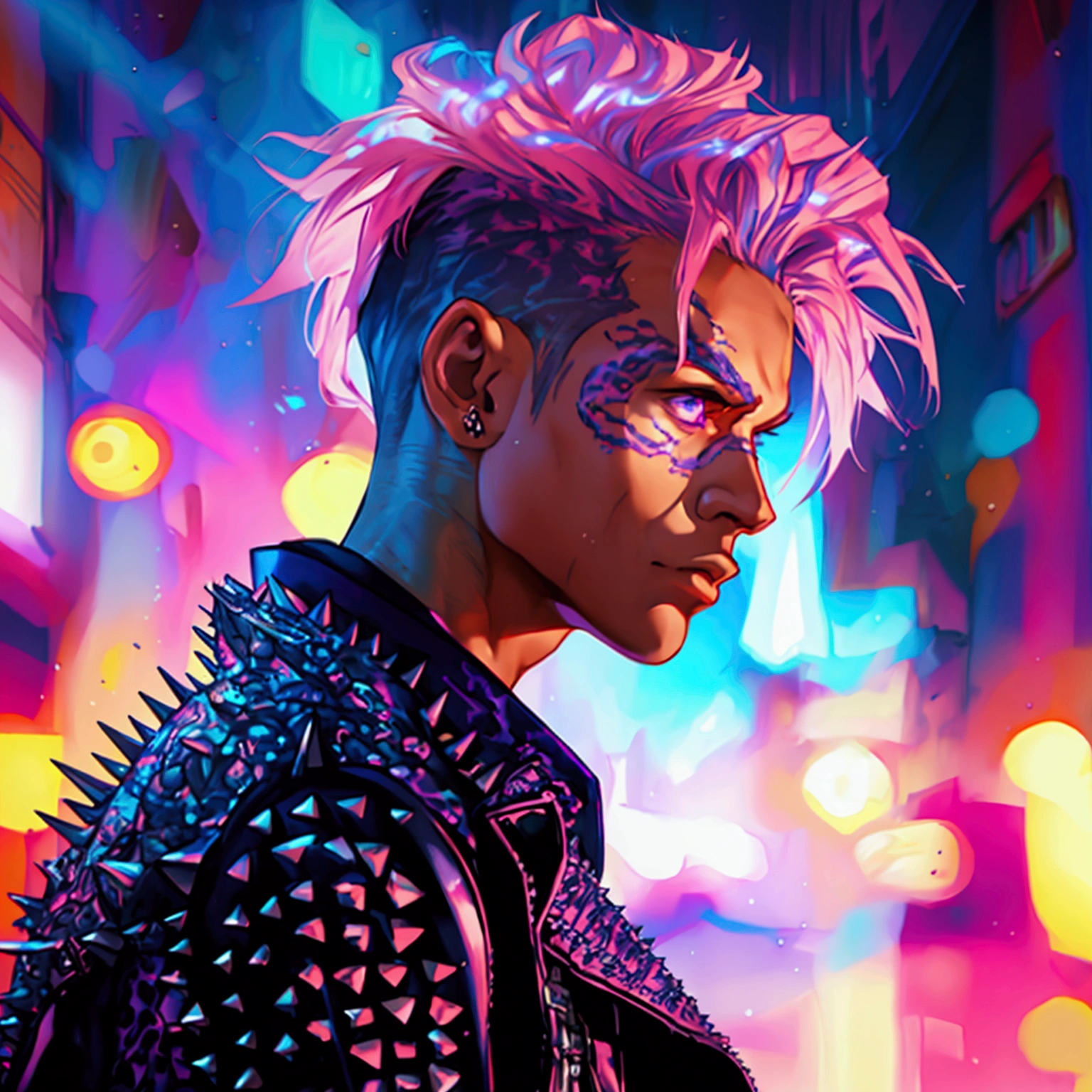 a young male with a pink and blue colored undercut, punk leather jacket with metal spikes, fingerless gloves, purple snakeskin pants, cowboy boots, detailed facial features, cinematic lighting, dramatic atmosphere, hyper-realistic, award-winning concept art, digital painting, 8k, HDR