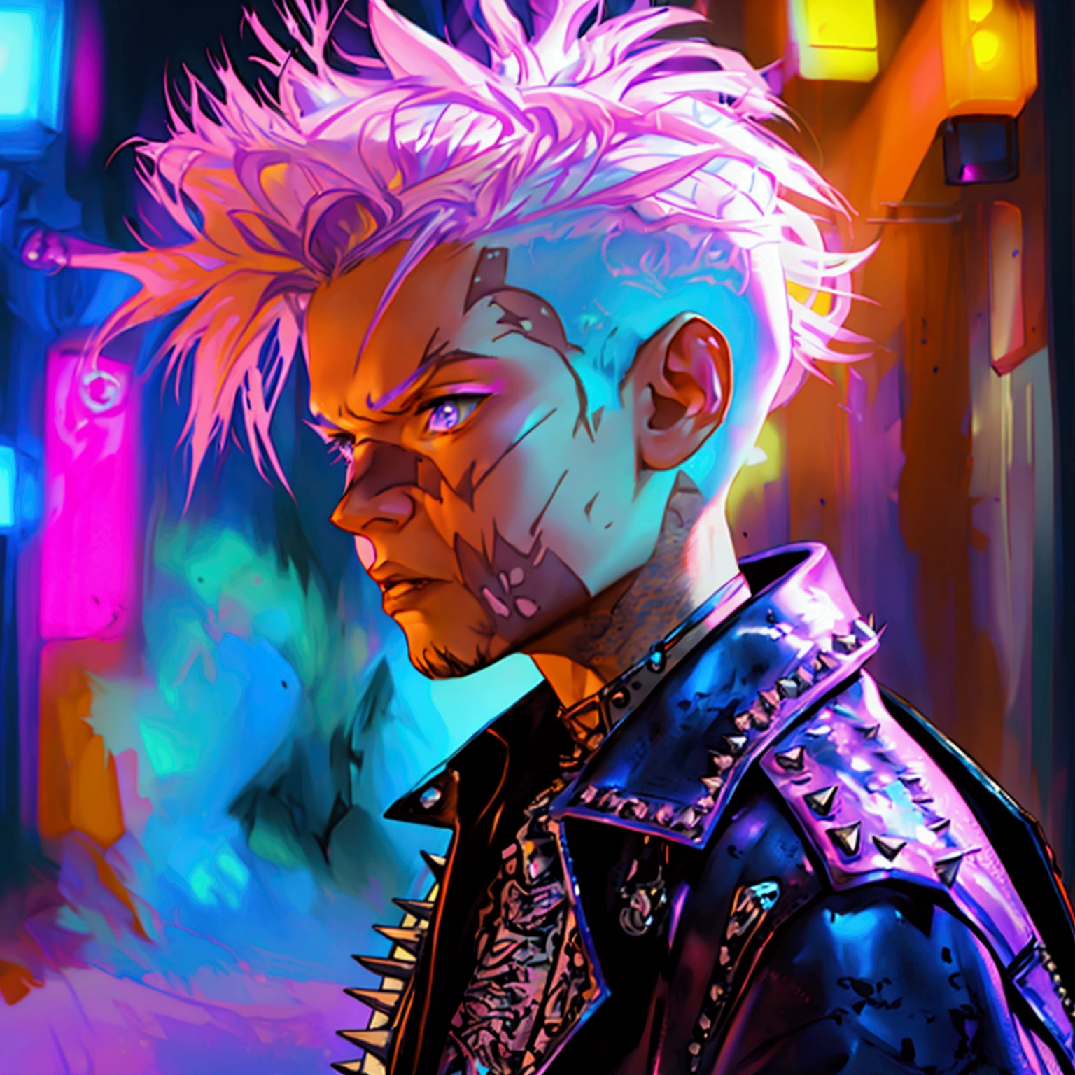 a young male with a pink and blue colored undercut, punk leather jacket with metal spikes, fingerless gloves, purple snakeskin pants, cowboy boots, detailed facial features, cinematic lighting, dramatic atmosphere, hyper-realistic, award-winning concept art, digital painting, 8k, HDR