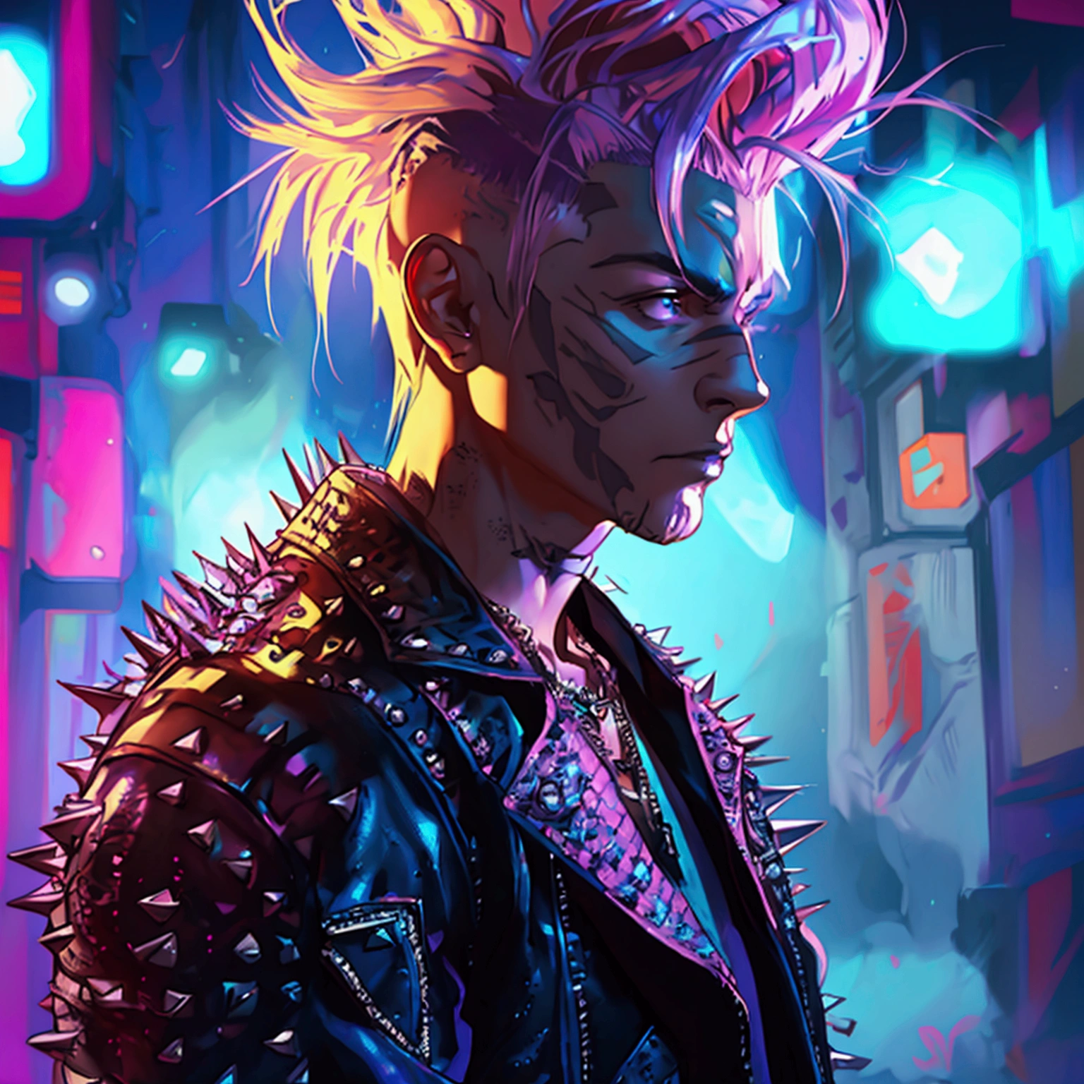 a young male with a pink and blue colored undercut, punk leather jacket with metal spikes, fingerless gloves, purple snakeskin pants, cowboy boots, detailed facial features, cinematic lighting, dramatic atmosphere, hyper-realistic, award-winning concept art, digital painting, 8k, HDR