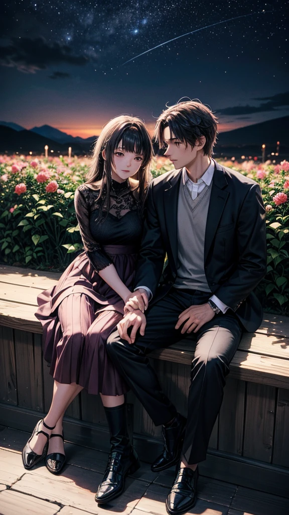 A mountain of flowers, it is a night sky, a beautiful couple is sitting, a couple is wearing short clothes, moody color contrast, Anime look 
