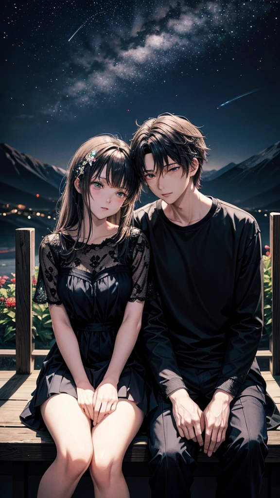 A mountain of flowers, it is a night sky, a beautiful couple is sitting, a couple is wearing short clothes, moody color contrast, Anime look