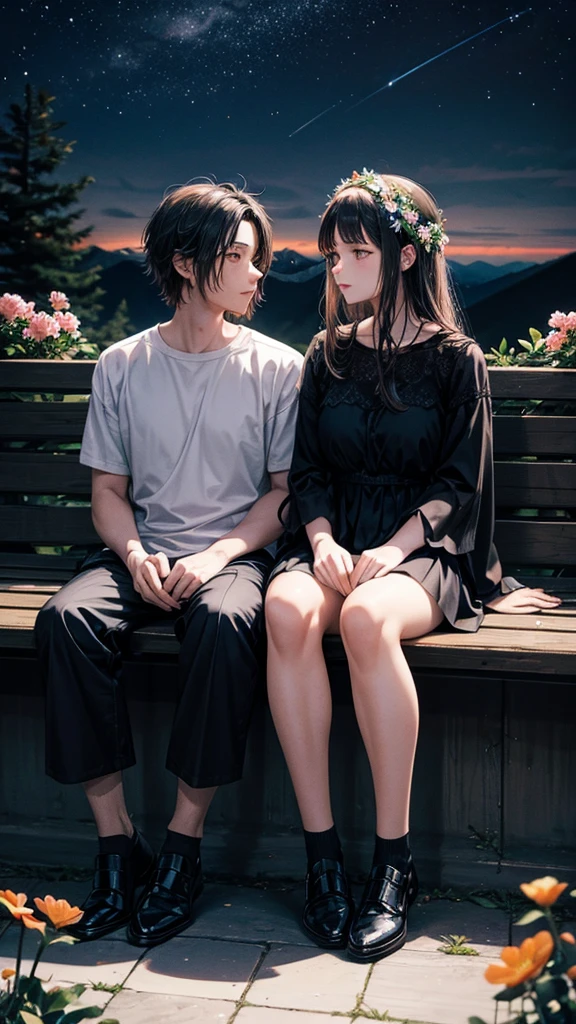 A mountain of flowers, it is a night sky, a beautiful couple is sitting, a couple is wearing short clothes, moody color contrast, Anime look