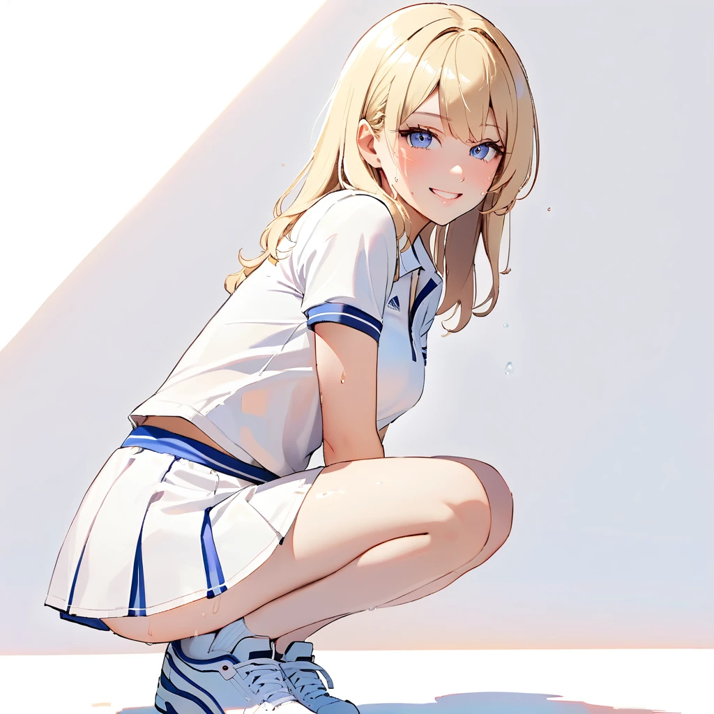 One girl, alone, White polo shirt, White sneakers, Tennis Wear, White mini skirt, masterpiece, Highest quality, (Glowing Skin, sweating:1.4), Long blonde hair, Silver Eyes, thin, Beautiful Eyes, pupil sharp, pupil , (thigh: 1.0),whole body、Background is white,View your viewers,,smile,White background only,whole body,From the side,One knee,,Look to the side
