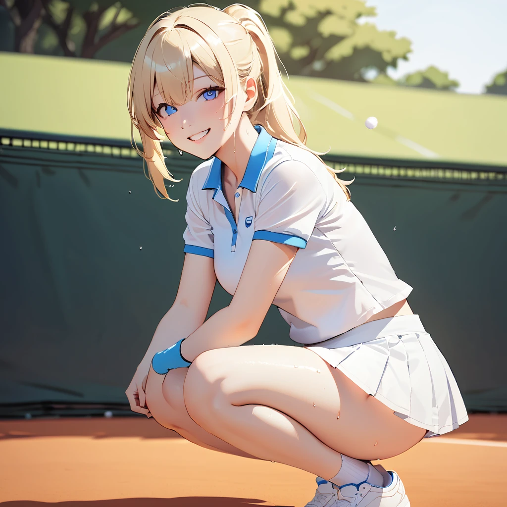 One girl, alone, White polo shirt, White sneakers, Tennis Wear, White mini skirt, masterpiece, Highest quality, (Glowing Skin, sweating:1.4), Long blonde hair, Silver Eyes, thin, Beautiful Eyes, pupil sharp, pupil , (thigh: 1.0),whole body、Background is white,View your viewers,,smile,White background only,whole body,From the side,One knee,,Look to the side
