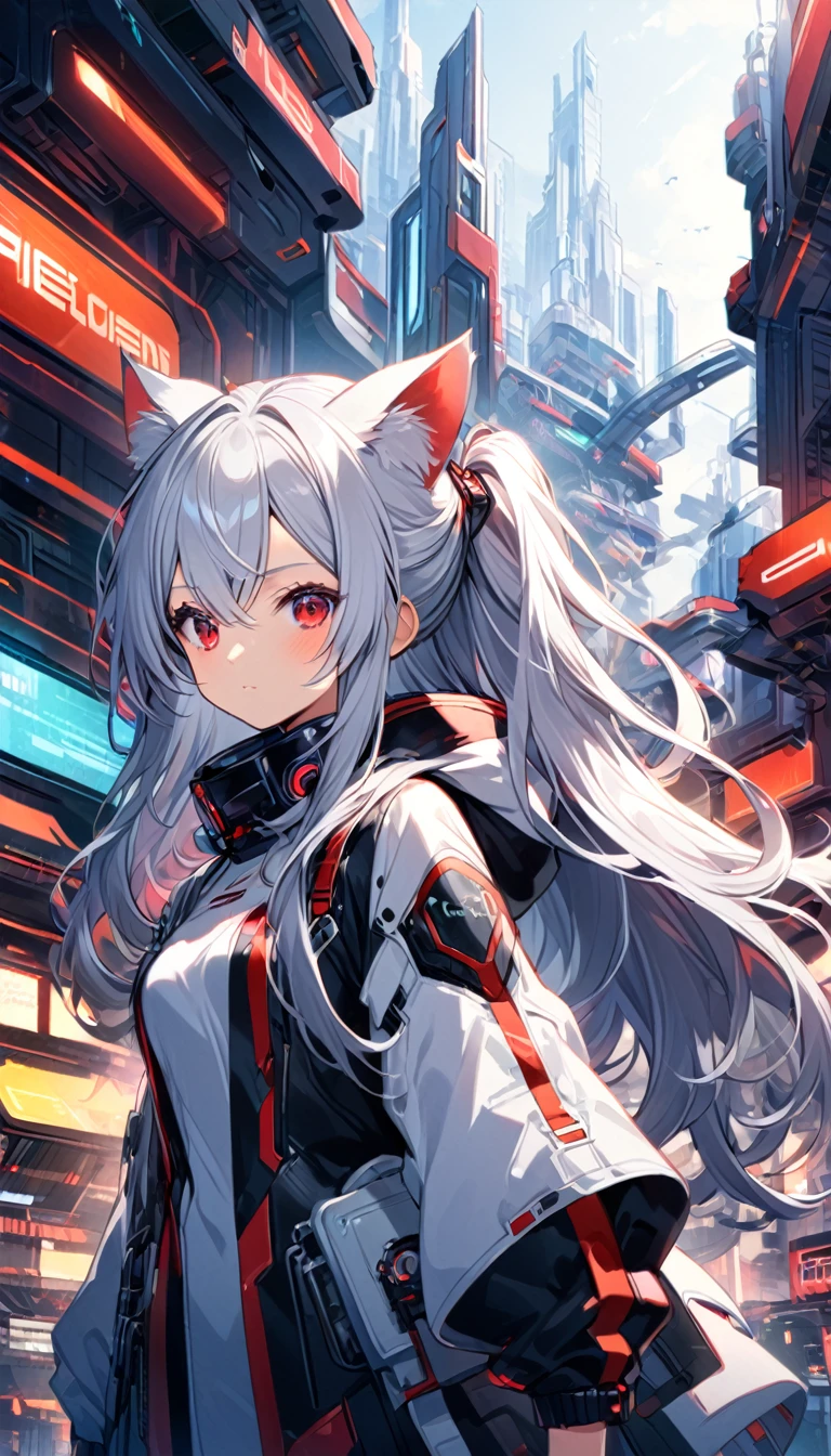 Chico, Silver Hair, Red Eyes, Cat ear, Futuristic Background,Long hair,Girl