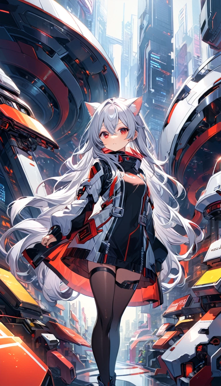 Chico, Silver Hair, Red Eyes, Cat ear, Futuristic Background,Long hair,Girl