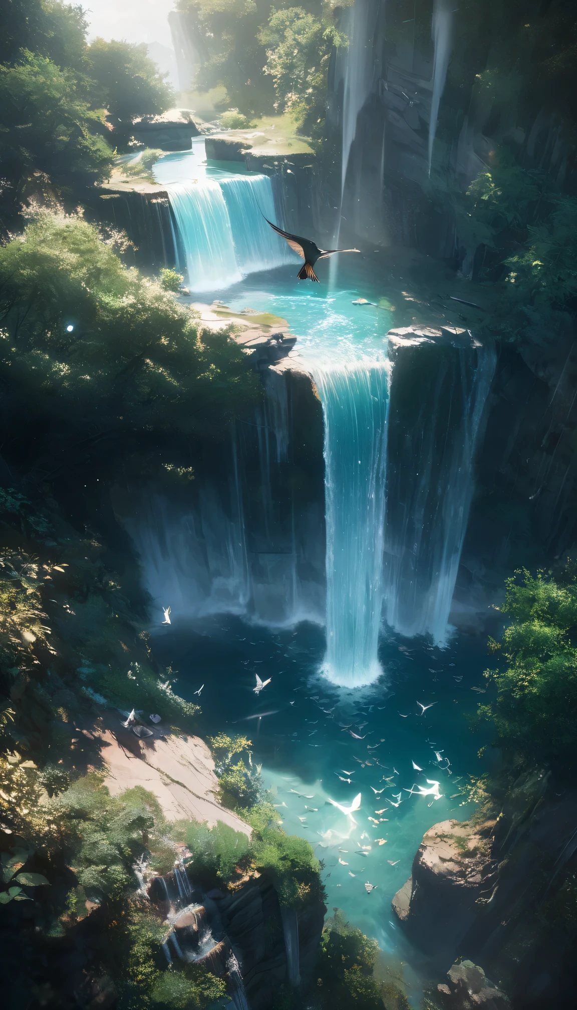 quality\(8k,Highly detailed CG unit wallpaper, masterpiece,High resolution,top-quality,top-quality real texture skin,surreal,Increase the resolution,RAW Photos,highest quality,Very detailed,wallpaper,Cinema Lighting,Ray-tracing,Golden Ratio\), BREAK ,İSLAND\((İSLAND:1.5),mysterious,beautiful birds , beautiful butterflies, beautiful sunlight shines through the trees, Remains\(mysterious, beautiful, Cosmic, futuristic\), (Surrounded by the sea),(Surrounded by waterfalls:1.8)\), Very clean sea\(Crystal Clear, I can see fish, You can see the coral reef\)hologram\(In the sky,beautiful goddess\(transparent, Very large,Upper Body, chest, Wicked Smile\)\),(aerial photograph:1.7),(From above:1.5),bird's Eye View,Vast landscape,panorama