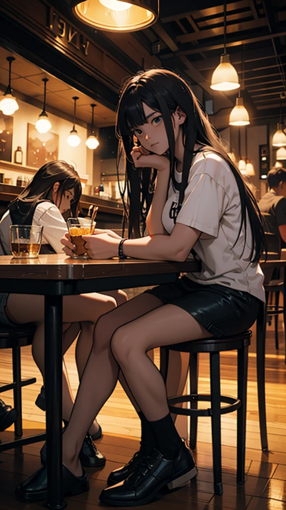 Young couple sitting inside a cafe. The long-haired girl is wearing short clothes., hip, Colorful lights are burning in the cafe.. moody colors, sharpness