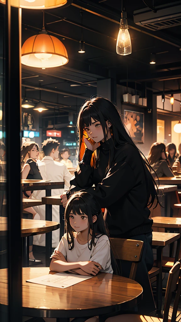 Young couple sitting inside a cafe. The long-haired girl is wearing short clothes.,  hip,  Colorful lights are burning in the cafe.. moody colors, sharpness 