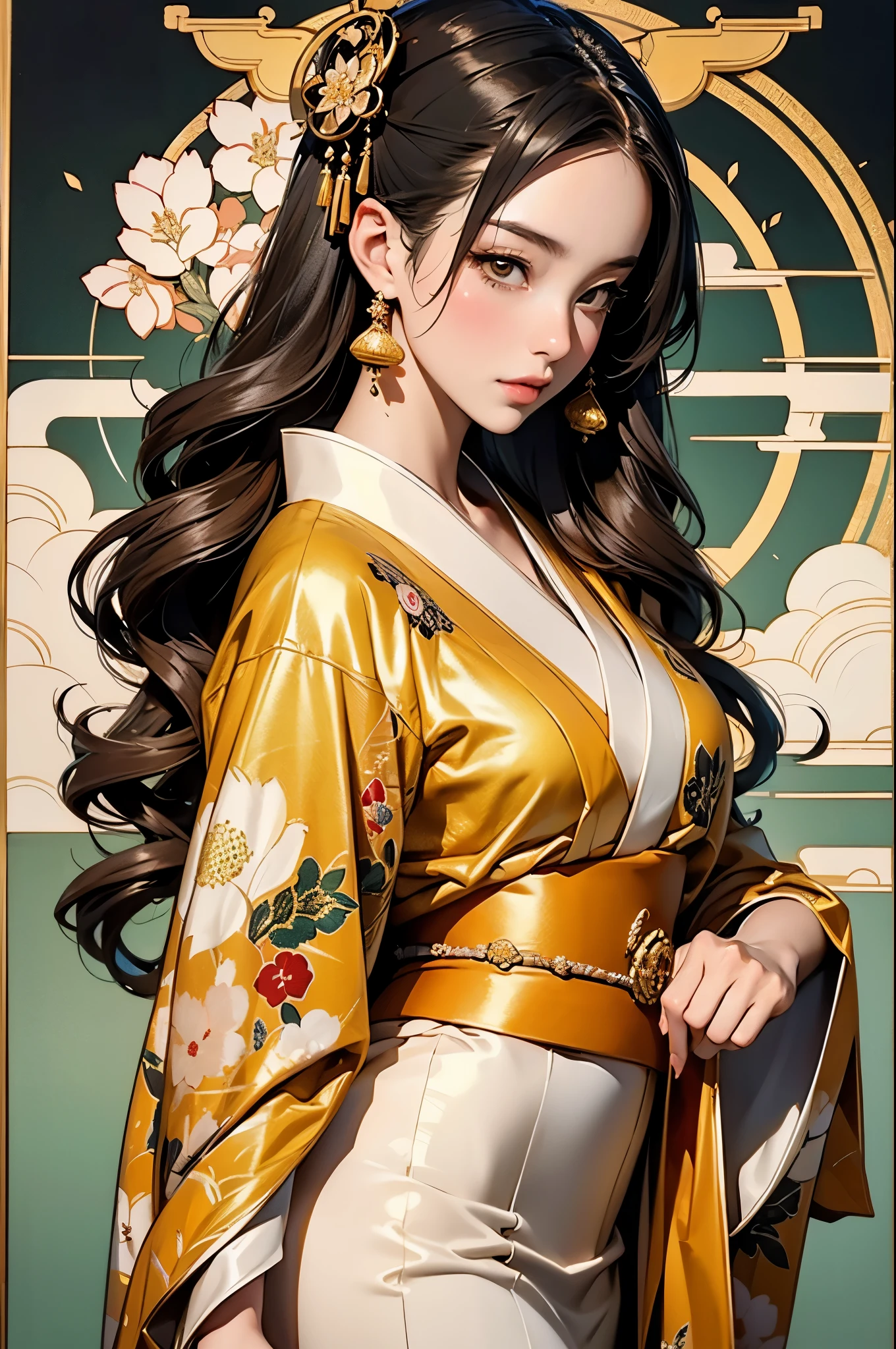 a woman in a golden kimono dress with a gold halo, japanese goddess, chie yoshii, elegant japanese woman, portrait of a beautiful geisha, intricate geisha kimono, japanese art style
