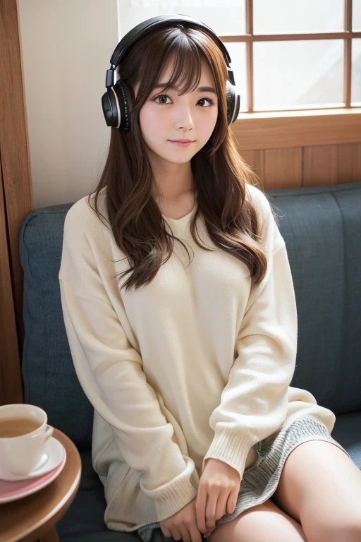 Produce the highest quality and highest resolution 8K images。Please draw the upper body of a 20 year old Japanese woman.。Please draw an image of you relaxing at home listening to music with headphones.。She has brown eyes and a model-like figure、She has an idol-level cute face.。The hair is wavy。Clothes、I&#39;m wearing short-sleeved loungewear。The skin is、It is a natural skin color。she、Looking at you with a smile。