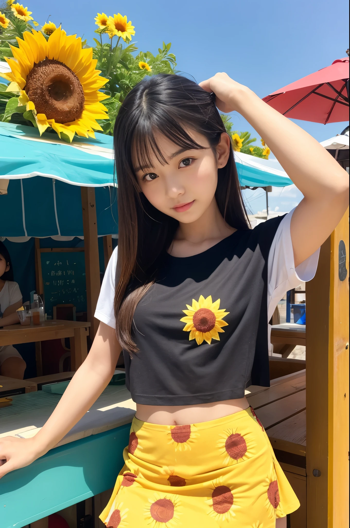 20 years old girl (Japanese cute face) is wearing T-shirt, mini skirt and has sunflower at the beach bar