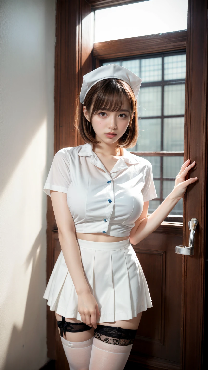masterpiece, best quality, illustration, Super detailed, fine details, High resolution, 8K,wall paper, perfect dynamic composition,(Details High quality, realistic depiction of eyes:1.3), Hospital Rooms、White nurse cap、White tights、White nurse uniform、to stand、Hand skirt、Flipping up a white skirt, large breasts,short bob hair, black hair color, Big Natural Color Lip, bold sexy pose, crying a little、Harajuku style、20 year old girl、cute type、ta、beautiful legs, hposing Gravure Idol
