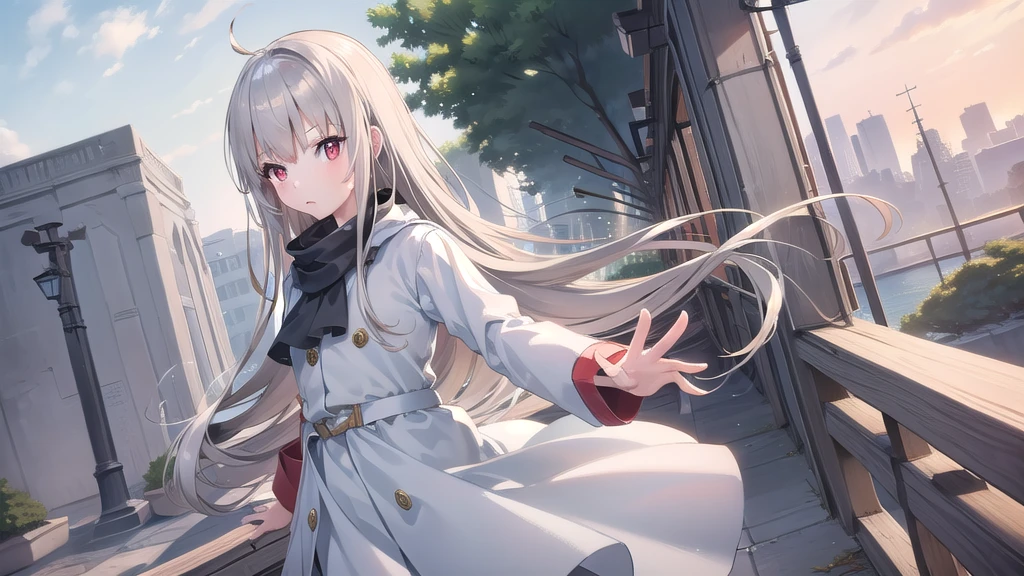 ((masterpiece)),(best quality),Official Art,Extremely detailed CG,Unity 8K wallpaper,Very detailed,Beautiful and delicate eyes,Extremely detailed face,1 girl,solitary,,(whole body:1.5),With long grey hair and red eyes,White coat,On a windy day,I tried holding your hand,But,The wind gradually,Blow the distance far away