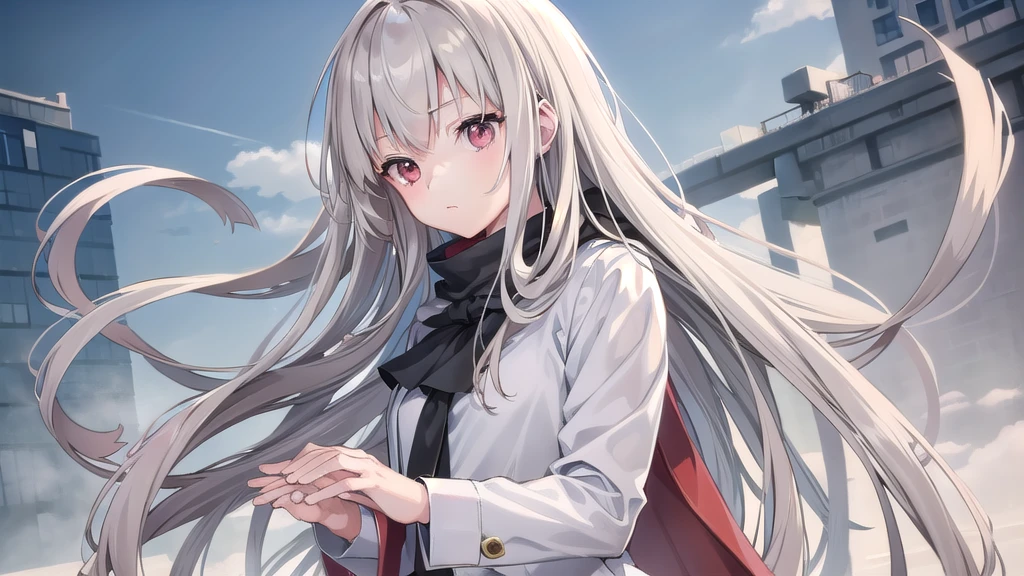 ((masterpiece)),(best quality),Official Art,Extremely detailed CG,Unity 8K wallpaper,Very detailed,Beautiful and delicate eyes,Extremely detailed face,1 teenage girl,solitary,,(whole body:1.5),With long grey hair and red eyes，White coat，On a windy day，I tried holding your hand，But，The wind gradually，Blow the distance far away