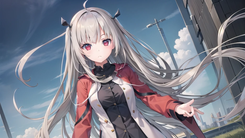 ((masterpiece)),(best quality),Official Art,Extremely detailed CG,Unity 8K wallpaper,Very detailed,Beautiful and delicate eyes,Extremely detailed face,1 teenage girl,solitary,,(whole body:1.5),With long grey hair and red eyes,White coat,On a windy day,I tried holding your hand,But,The wind gradually,Blow the distance far away