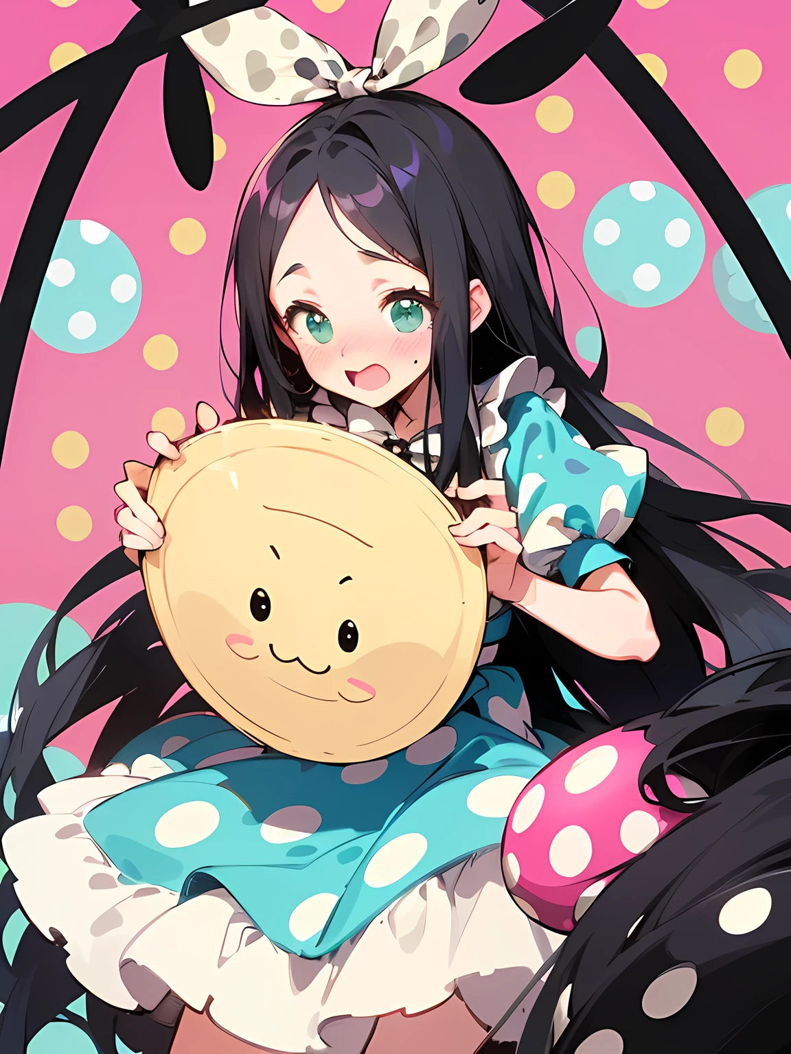 (Alice in Wonderland:1.3),(straight black thinl long hair:1.2),big forehead,(A vibrant and lively background:1.2),(Pop and cute black polka dot pattern:1.45)),((You are the main character!:1.2)),((Beautiful images:1.15)),((high quality:1.15)),((Perfect graphics:1.15)),Big smile,(blush、Embarrassed laugh:1.25),(white、pink、cream、black、yellow,mint)