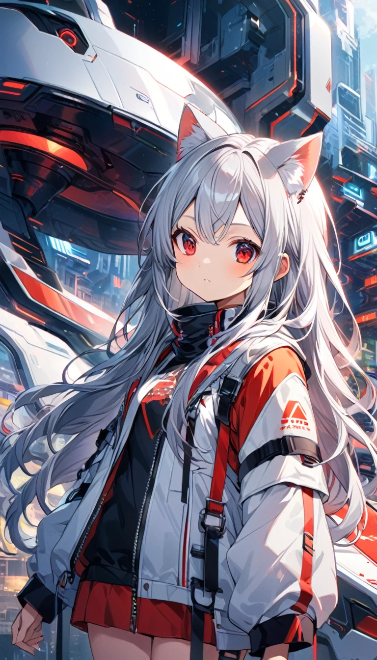 Chico, Silver Hair, Red Eyes, Cat ear, Futuristic Background，Long hair，Girl