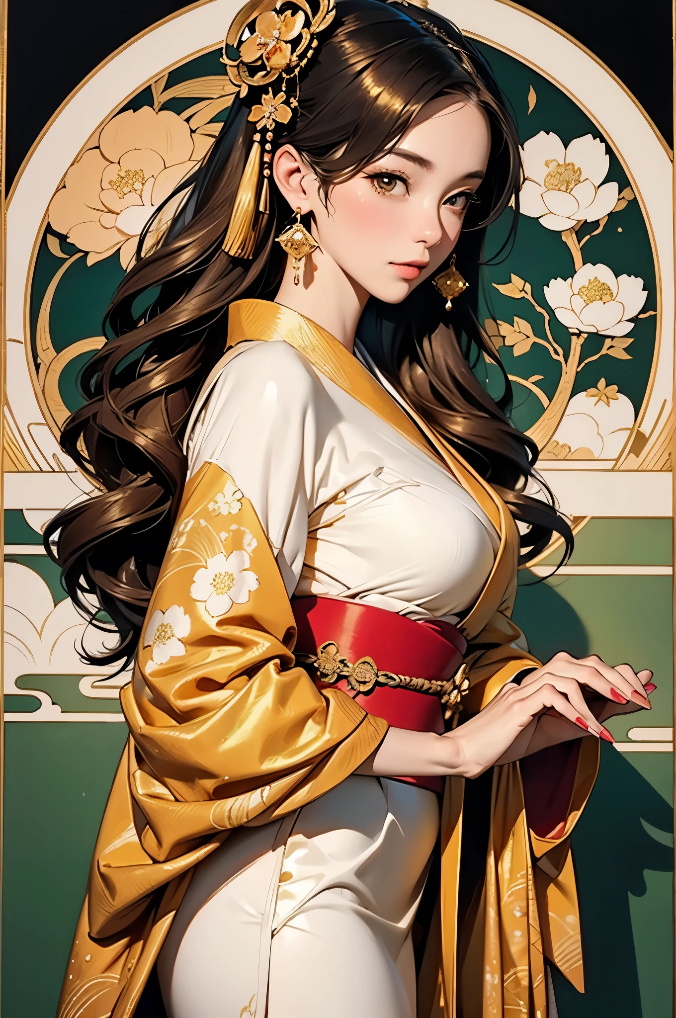 a woman in a golden kimono dress with a gold halo, japanese goddess, chie yoshii, elegant japanese woman, portrait of a beautiful geisha, intricate geisha kimono, japanese art style, beautiful hands, correct proportion