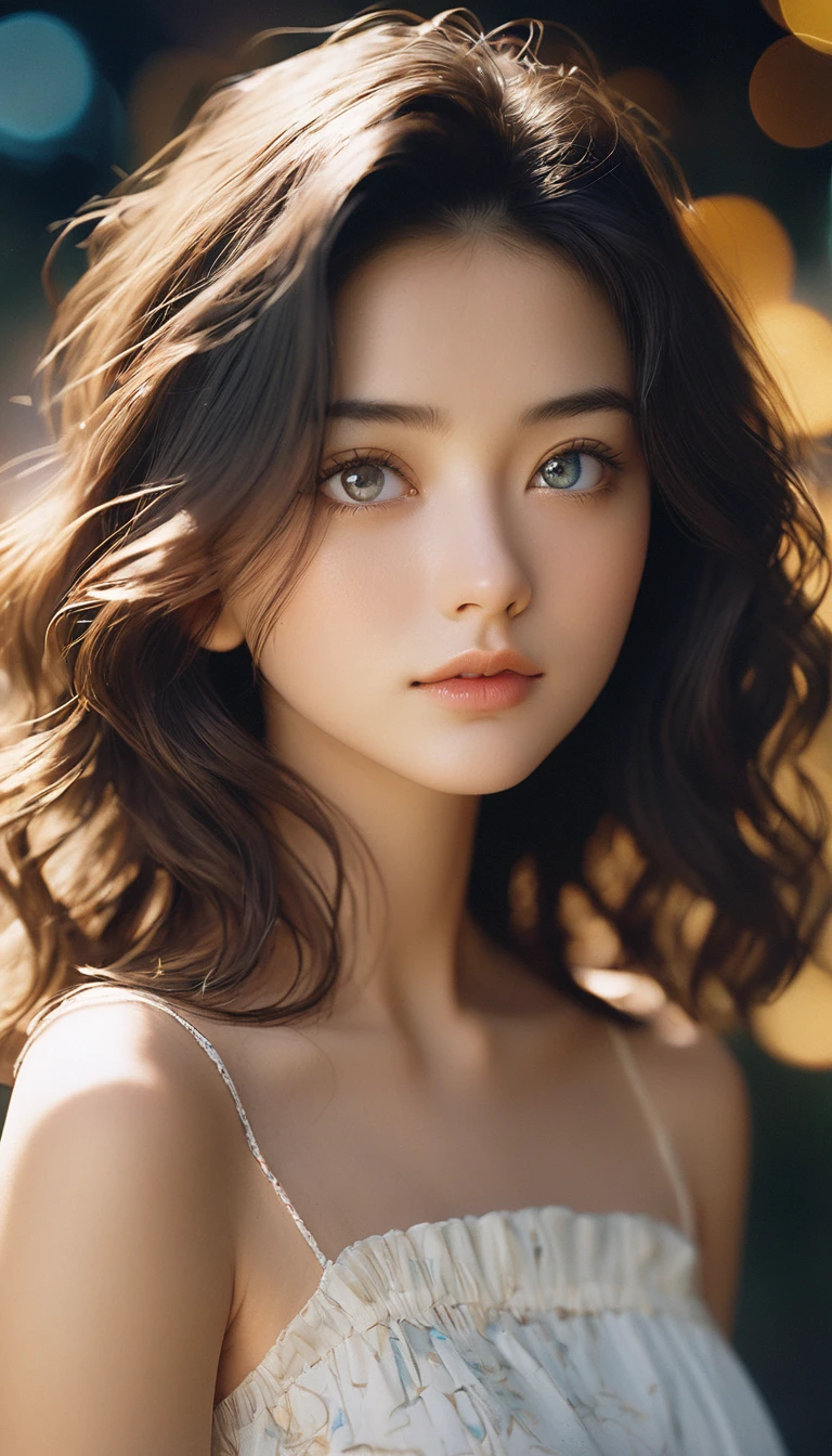Film Portrait Photography, One girl, Exposing shoulders, Shoulder-length wavy hair, Calm, Calm, (Realistic eyes, Natural skin texture, Realistic facial details), Soft and dramatic lighting, Depth of written boundary, Bokeh, Vivid details, In detail, Surreal, 35mm Film, Blurred, movie,
