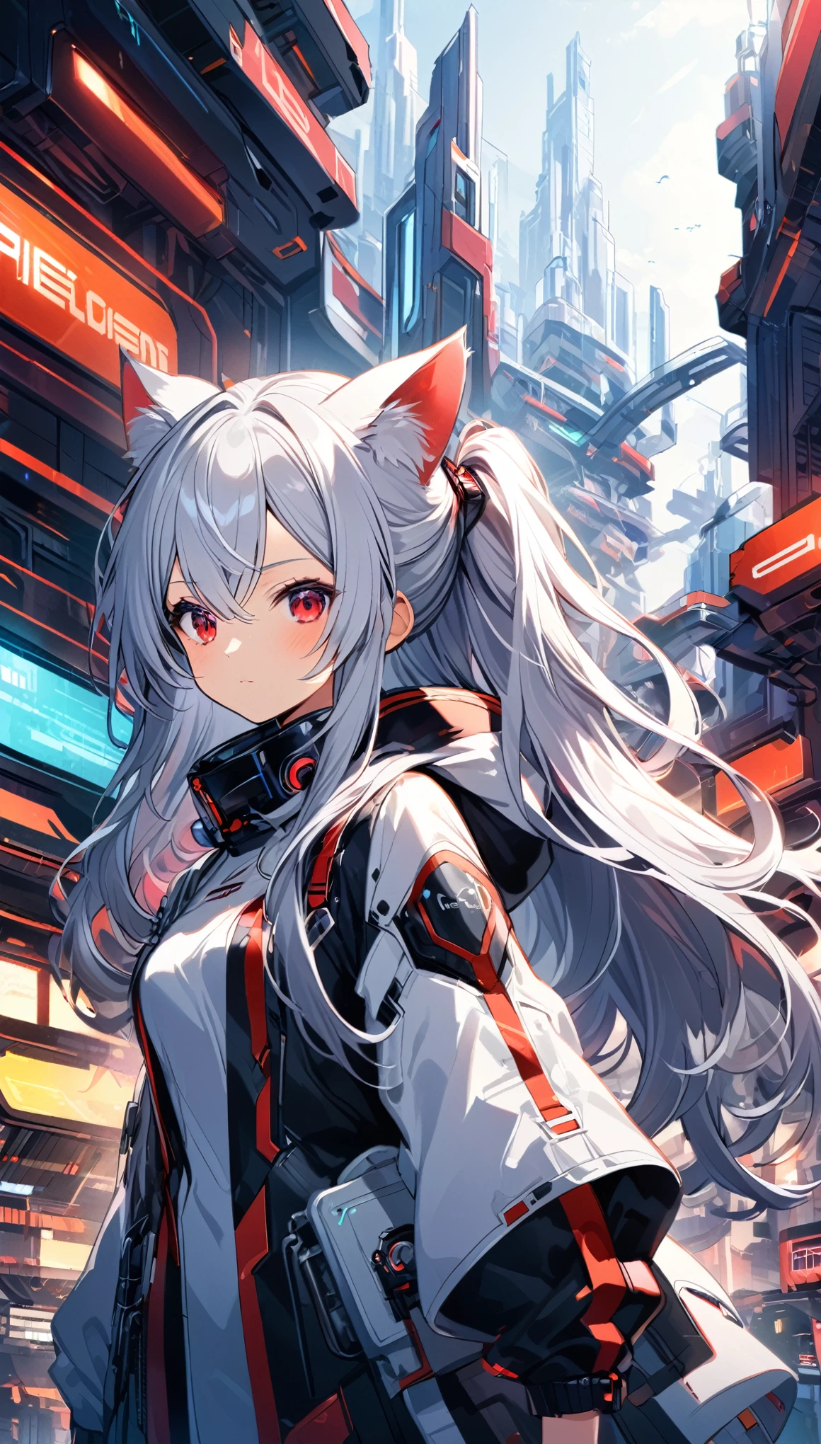 Chico, Silver Hair, Red Eyes, Cat ear, Futuristic Background，Long hair，Girl